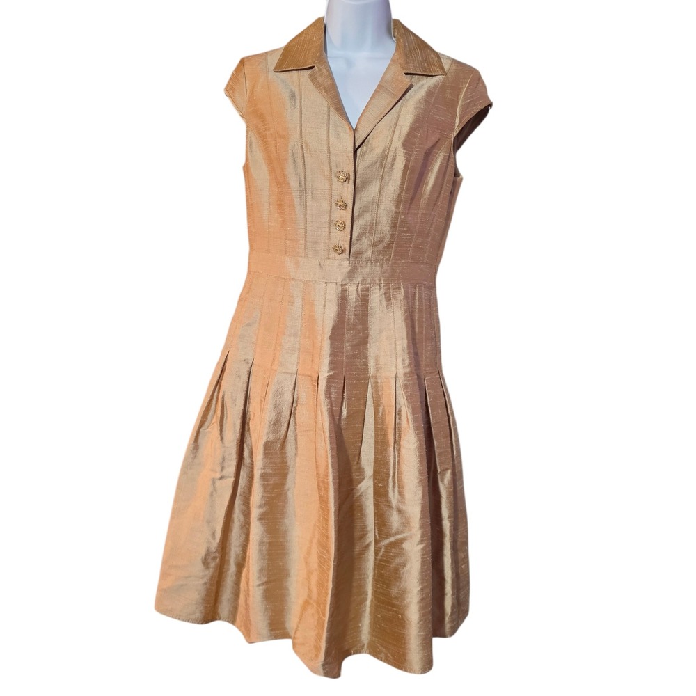 Kay Unger New York Gold‎ Silk Shantung Pleated Fit & Flare Dress Sz 6 Cap Sleeve